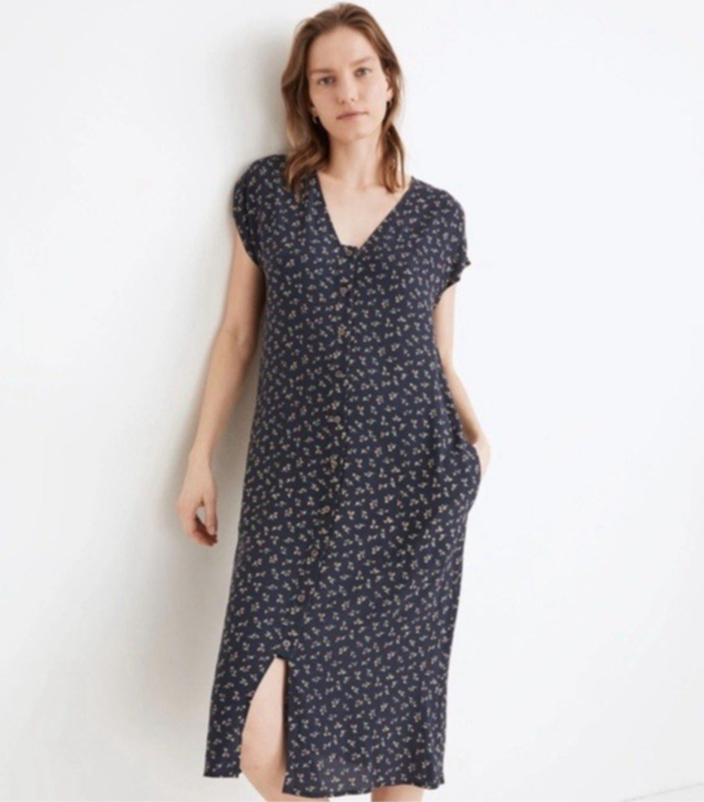 Madewell Floral Button Closure Midi Dress Womens Size XXS Blue Classic 90s